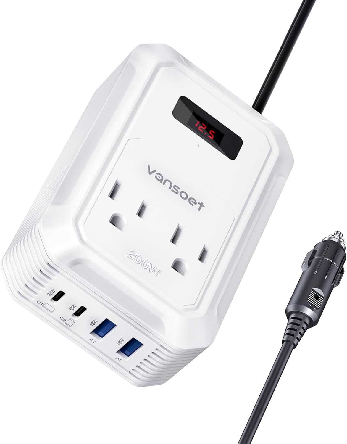 200W Car Power Inverter DC 12V to 110V AC Inverter with PD 65W/30W USB C & 2 QC 18W USB Ports & 2 AC Outlets,Car Pluɡ Adapter Outlet for Laptop/Phone/Road Trip