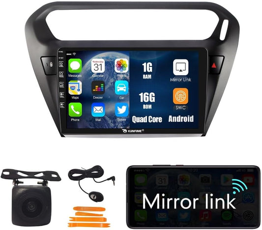 Kunfine Car Android Navigation Stereo GPS Radio Reverse Camera Display 9" IPS Touchscreen Headunit Tablet Pad Media Player for Peugeot 301 2013-2022, if Applicable Quad Core 1G+16G Matte Black