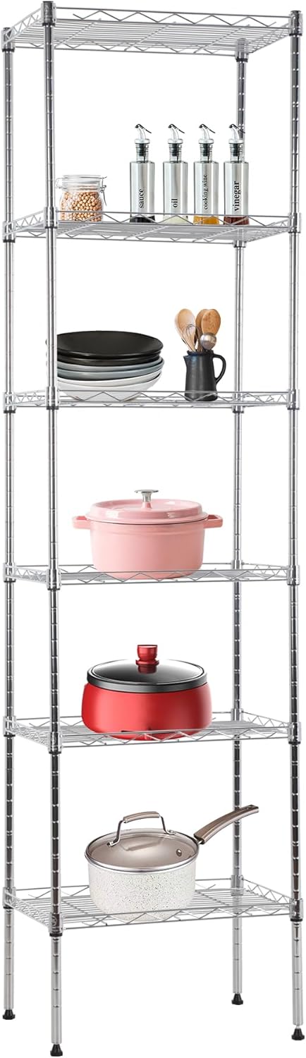 BestOffice Metal Garage Shelving 6 Tiers Garage Storage Shelves Heavy Duty 17”D x 12”W x 64”H Easy Assemble Wire Shelving NSF Certified Storage Shelves with Levling Feet for Home Garage Office, Chrome