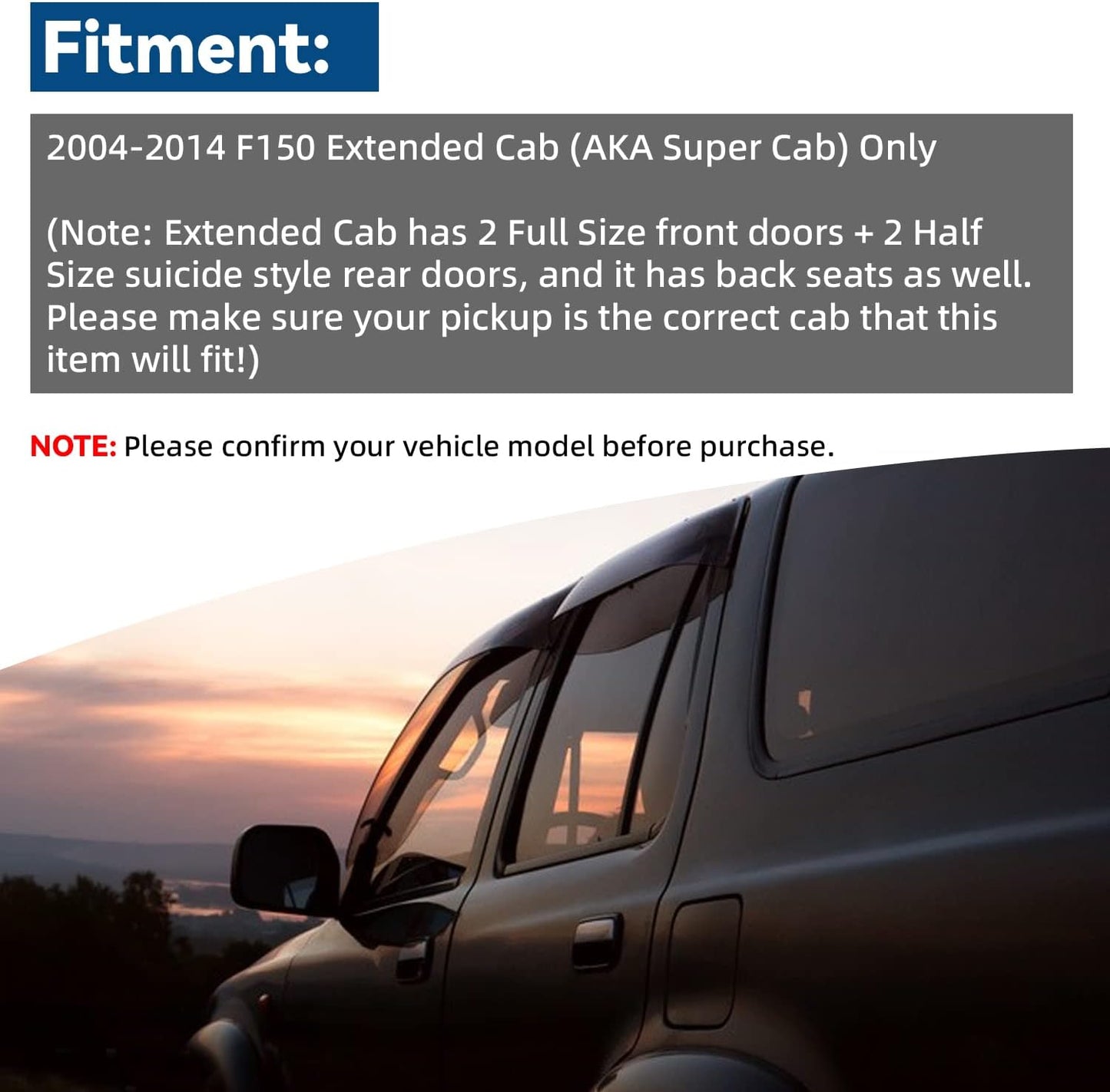 Set of 4 Front+Rear Smoke Sun Rain Guard Outside Mount Tape-On Acrylic Window Visors Compatible with 04-14 F-150 Super/Extended Cab with Half Size Suicide Back Doors