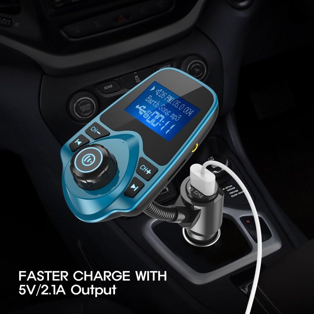 Nulaxy Bluetooth Car FM Transmitter Audio Adapter Receiver Wireless Handsfree Voltmeter Car Kit TF Card AUX 1.44 Display – KM18 Peacock Blue