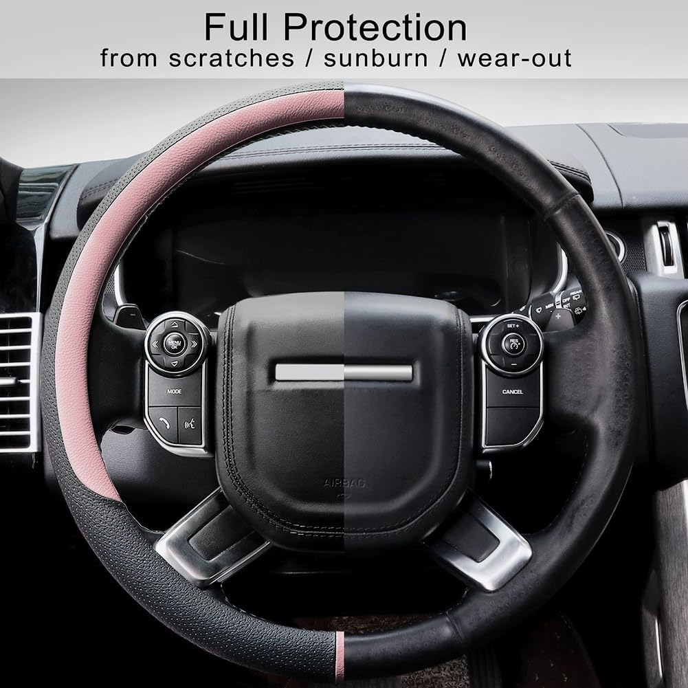 COFIT Breathable Car Steering Wheel Cover 16 inch Auto Universal Leather Wrap Non-Slip Steeringwheel Protector Automotive Interior Accessories, Pink (Suit for 15.5-16 inch)