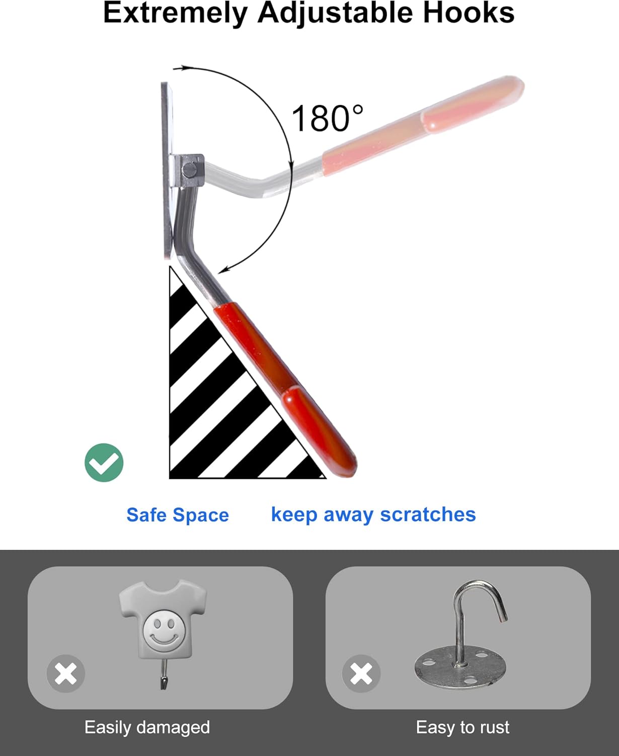 HAISHINE Stainless Steel Heavy-Duty Adjustable Wall Storage Hooks with Anti-Slip Coating for Chainsaws, Bicycle, Garden Tools (Screws and Dowels Included)