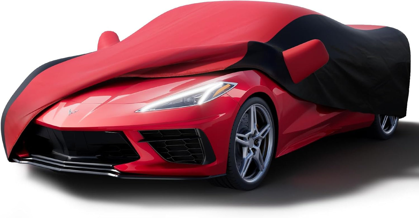 KAKIT Waterproof Car Cover Custom Fit for 2020-2022 C8 Stingray, UV Resistant Fade-Proof Cover for Chevy Corvette, Indoor & Outdoor Use (Red & Black Combo)