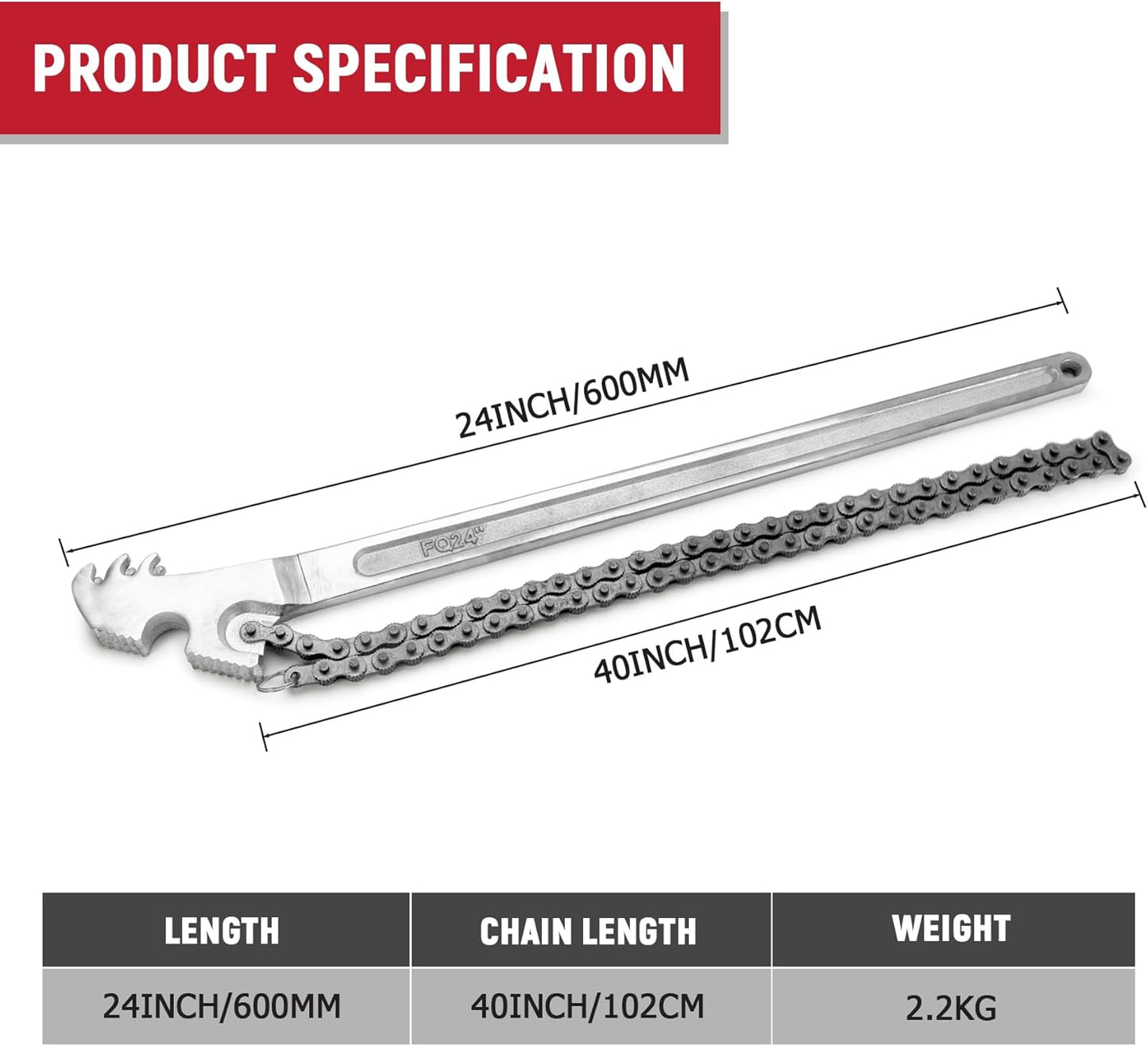 24 Inch Heavy Duty Carbon Steel Pipe Wrench, Fits Max 12 Inch Diameter, Adjustable Large Chain Oil Filter Wrench for Universal Use