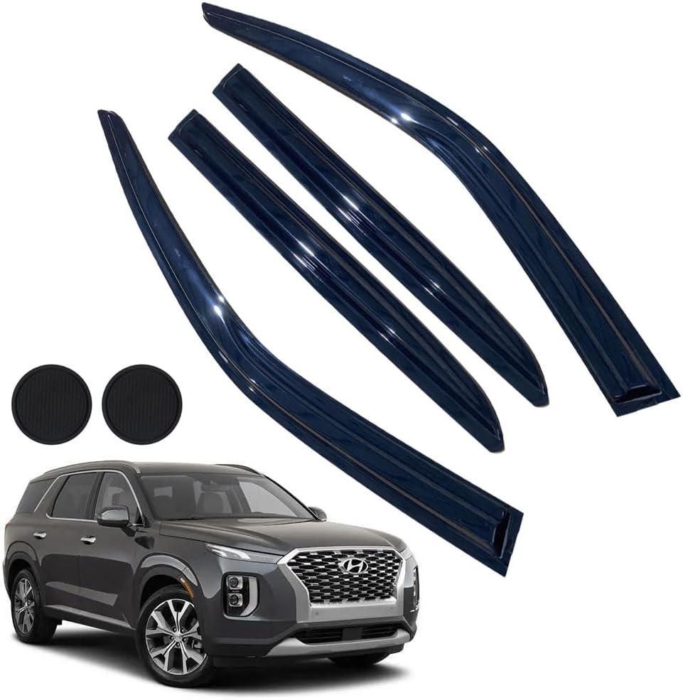 Rain Guards for Hyundai Palisade SE SEL XRT 2020-2024, Tape-on Side Window Deflectors for Hyundai Palisade, Window Visors for Hyundai Cars,for Hyundai Car Accessories 4 Rain Guards ＆ 2 Car Coasters