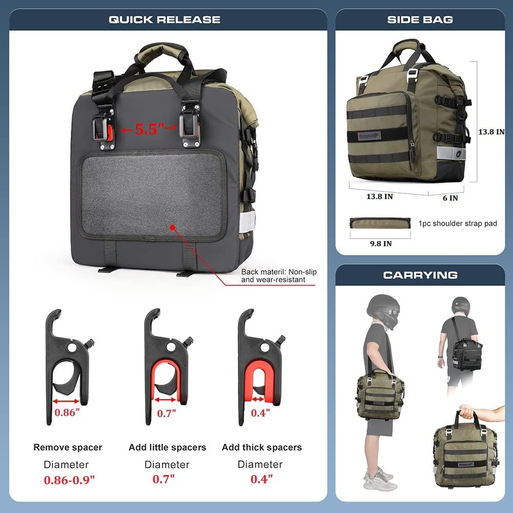 Rhinowalk Motorcycle Saddlebag Waterproof Motor Luggage Pack Quick Release Motorbike Side Bag 20L Fits Most Adventure and Sports Bike Motorcycle Racks(Green, 1 Pack)