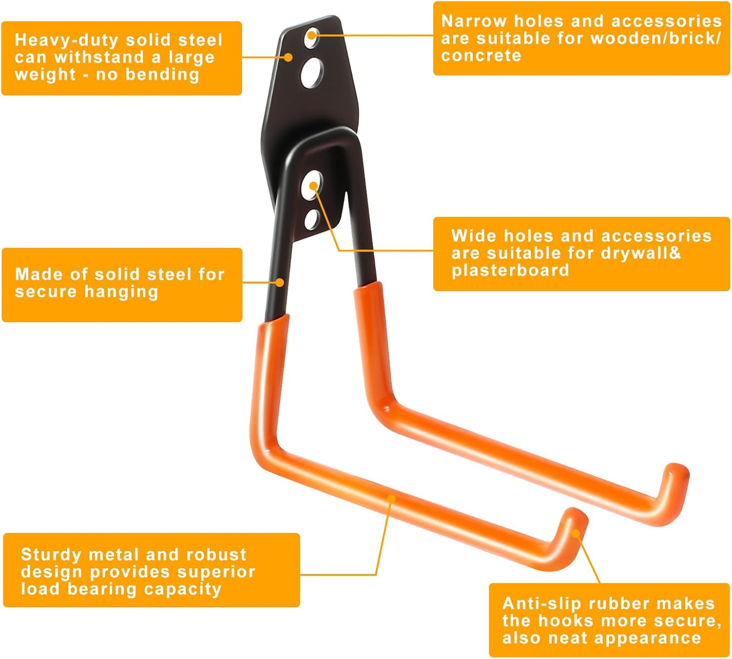 KURUI Heavy Duty Wall Hook for Tool/Water Hose, Garden Hose Holder Wall Mount for Indoors Outside, 2 Pack Garage Storage Hanger for Hanging Shovel/Ladder/Extension Cord, Metal Utility Hook Organizer