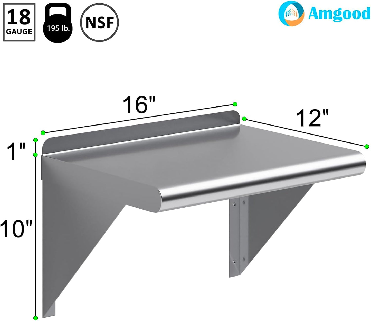 AmGood 12" X 16" Stainless Steel Wall Shelf | Metal Shelving | Garage, Laundry, Storage, Utility Room | Restaurant, Commercial Kitchen | NSF