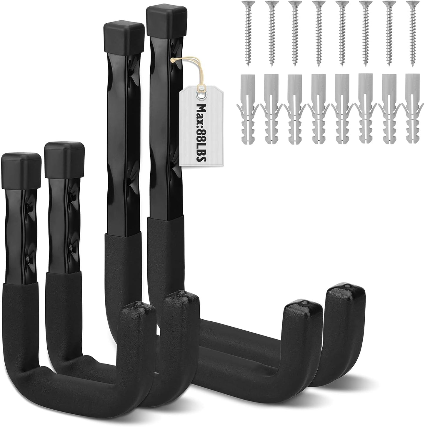 SEDY Heavy Duty Garage Storage Hooks: 4-Piece 6" & 3" Wall Mount J Utility Hooks Holds 88 LB, Large Metal Utility Hooks, Garage Storage Ladders for Bikes, Garden Tools