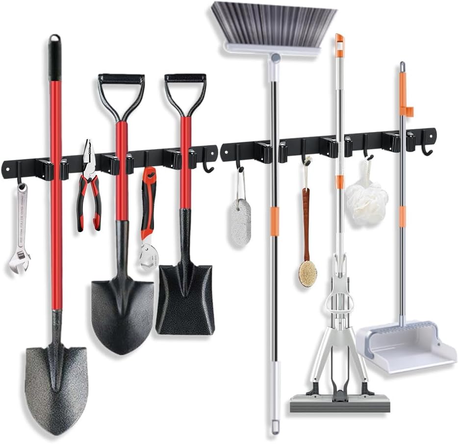 2 Pack Broom Hanger and Mop Holder, Heavy Duty Garden Tool Organizer Rack Rake and Shovel Handle, Stainless Steel Wall Mounted Utility Rack with Screws (3 Racks with 4 Hooks, Matte Black).