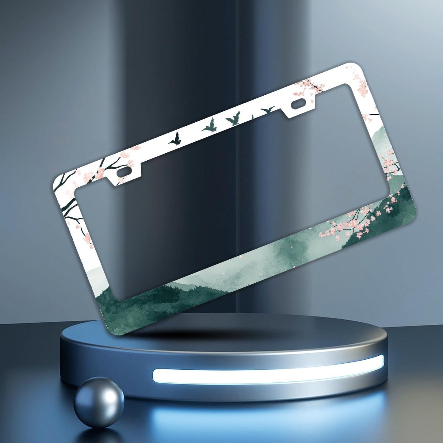 Mountains Cherry Blossom License Plate Frames - 2 Pcs Set 2 Holes Stainless Steel Metal Auto Car Accessories Decoration License Plate Frame Cover Size 6.3" x 12.2" Fit US Vehicles for Women Men Gift