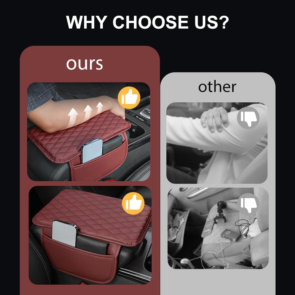 Memory Cotton Leather Car Armrest Box Pad, 2025 New Universal Style Memory Cotton Car Armrest Box Pad, Upgrade Vehicle Seat Box Cushion Protector for SUV Truck (Red)