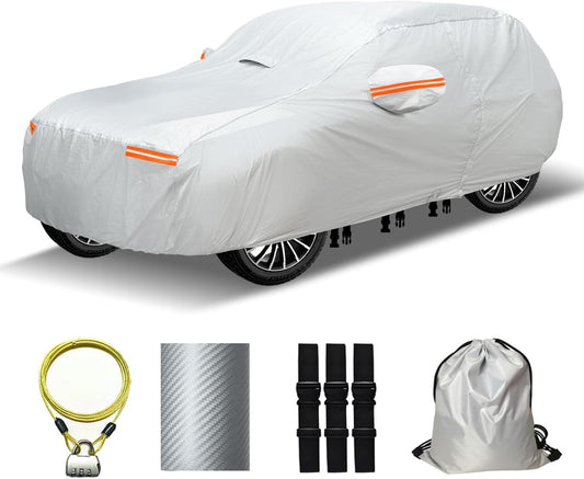 30 Layers SUV Car Cover for Automobiles All Weather Waterproof, Outdoor Snowproof UV Protection Windproof, Door Zipper, Soft Cotton, Heavy Duty Universal Car Covers, (Silver, Fit SUV 171"-180")