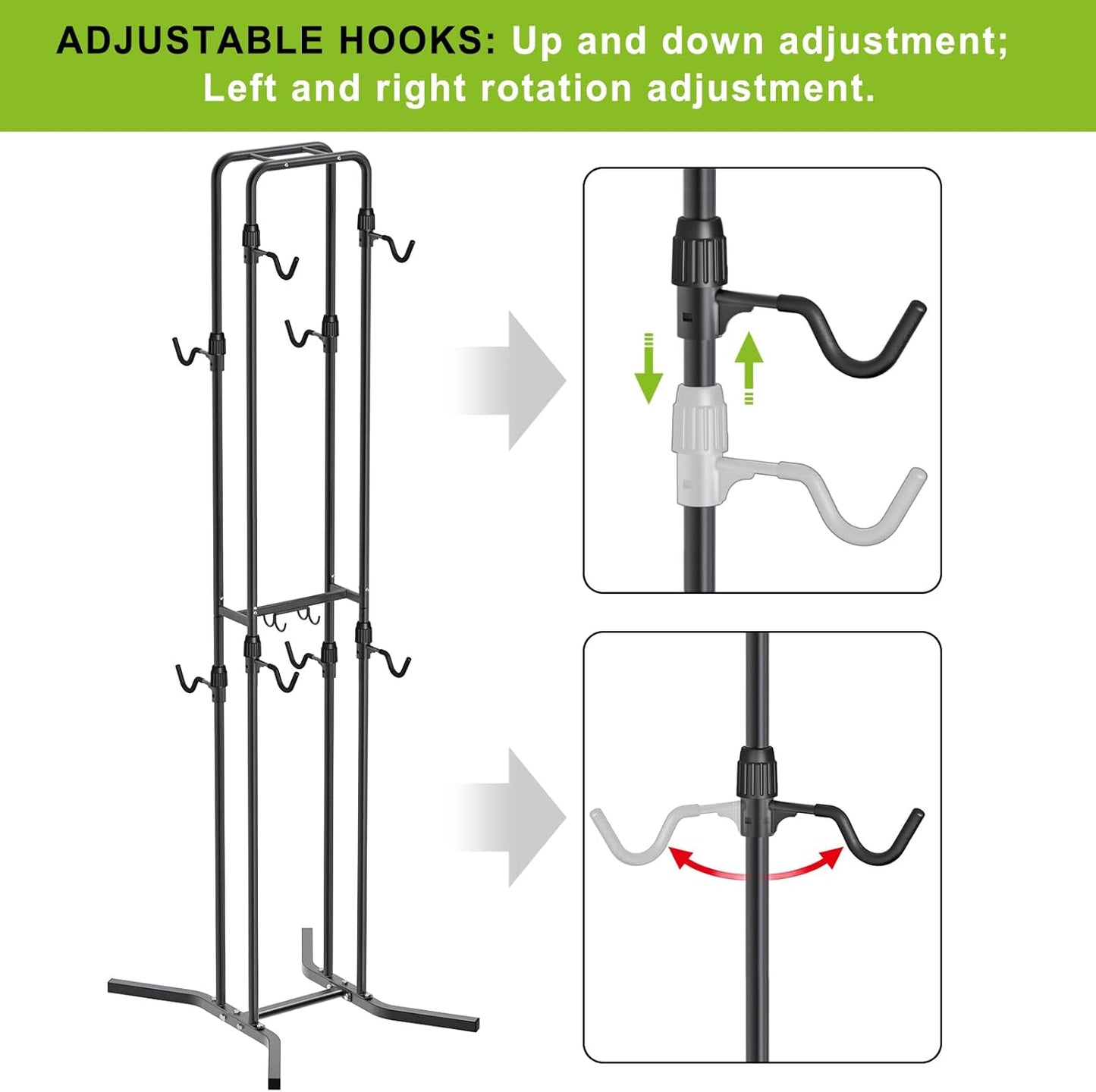Dolibest 4-Legged Bike Racks Stands with Flexible Hooks, Heavy-Duty Floor Standing Bicycle Rack for Up to 4 Bikes, with 8 Adjustable Height and Angle Hooks, Easy to Install for Any Style Bicycle