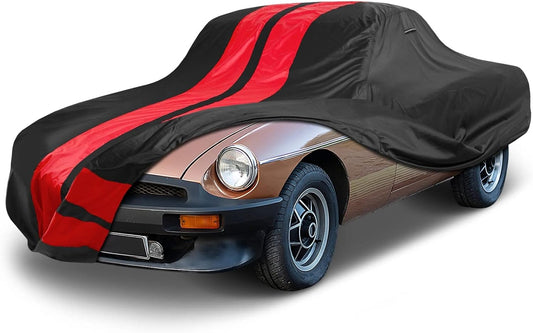 iCarCover Custom Car Cover for 1962-1981 MG MGB Roadster Waterproof All Weather Rain Snow UV Sun Protector Full Exterior Indoor Outdoor Car Cover (Stripe - Black/Red)