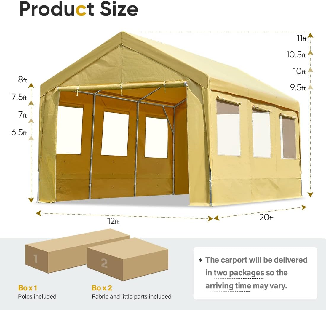 ADVANCE OUTDOOR 12x20 ft Car Canopy Garage Heavy Duty Carport Boat Shelter Party Tent, Adjustable Peak Height from 9.5ft to 11ft, with Removable Window Sidewalls and Doors, Beige