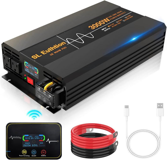 3000W/6000W(Peak) Pure Sine Wave Car Power Inverter 12V DC to 120V AC 60HZ with LCD Display, USB Port, Wireless Remote Control（10M) for Car Home Laptop Truck