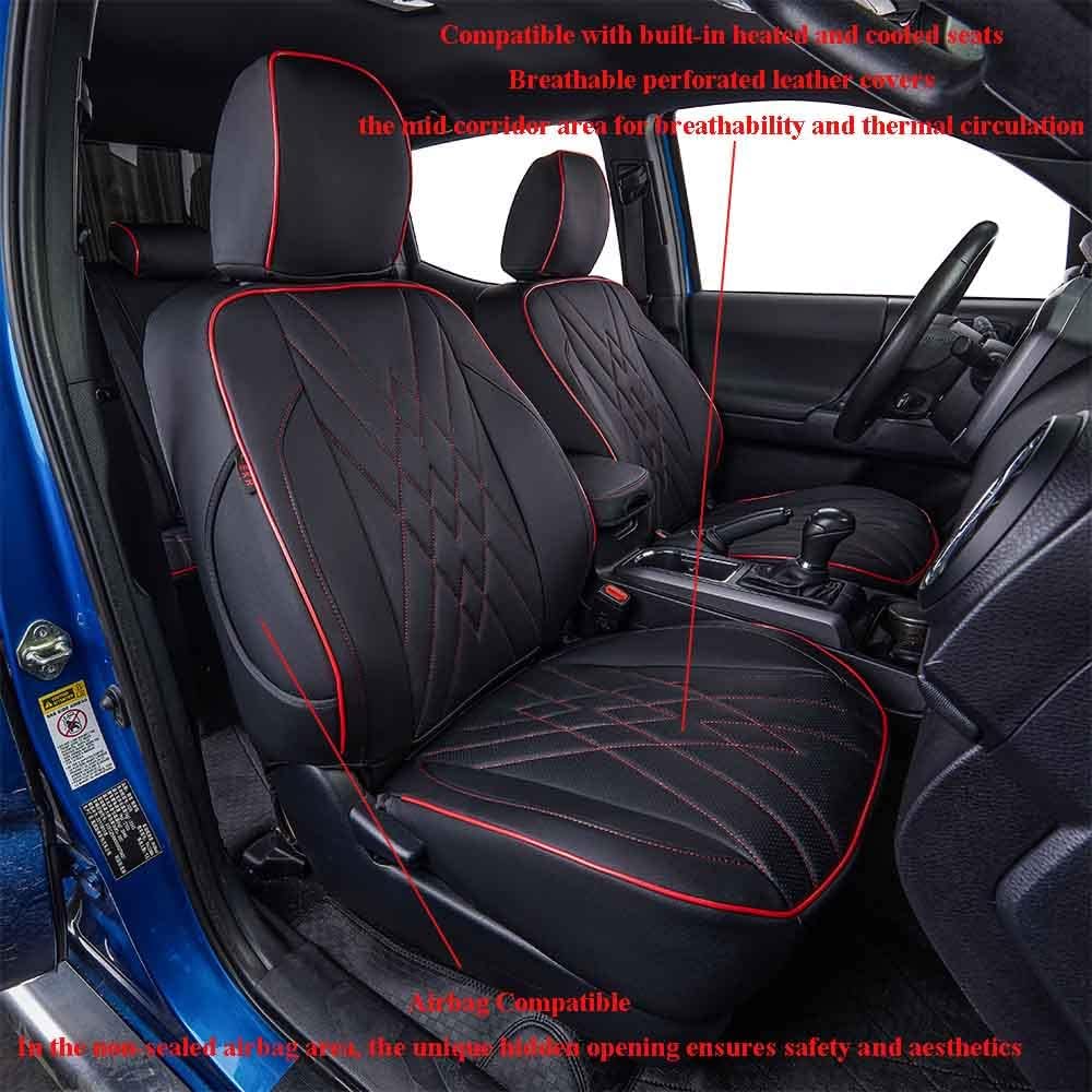 EKR Custom Fit Tacoma Front Car Seat Covers for Select Toyota Tacoma 2016 2017 2018 2019 2020 2021 2022 2023 Double Cab/Access Cab - Front Row Only, Leather (Black with Red Trim)
