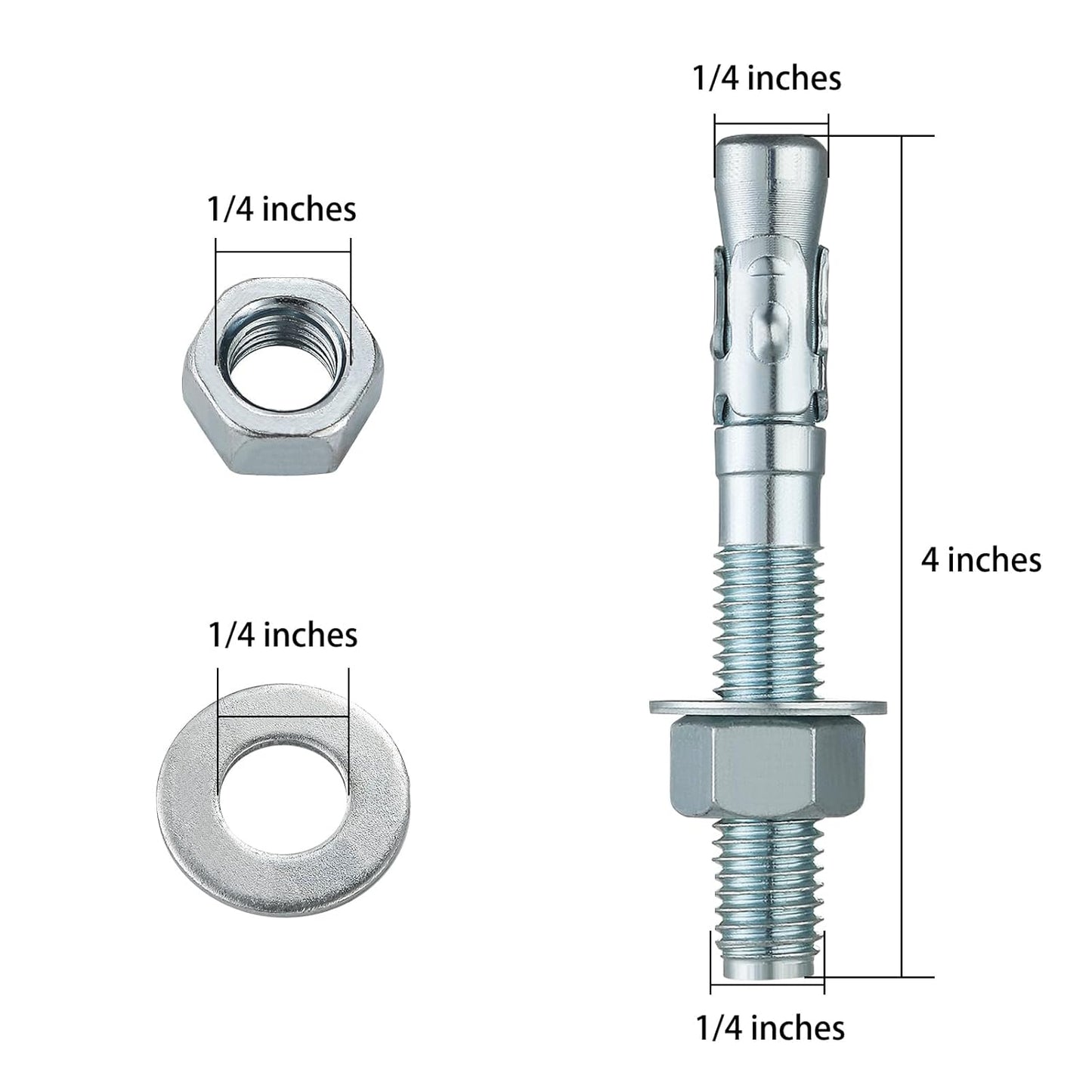1/4x4" 10Pcs Inch Standard Fasteners for Heavy-Duty Zinc Wedge Anchors for Cement and Concrete