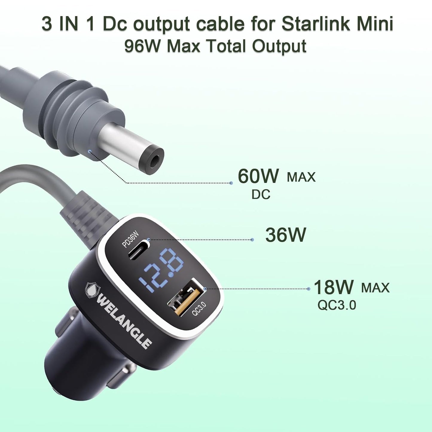 3 in 1 Car Power Cable for Starlink Mini Cigarette Lighter Adapter, Car Charger for Mini Starlink DC Power Cable with Digital Display, Durable & High Speed Charging USB A/USB C Port (3M/10FT)