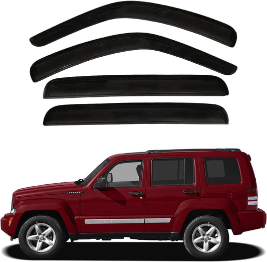 4pcs Front+Rear Smoke Tint Sun/Rain Guard Outside Mount Tape-On Vent Window Visors Compatible with 08-13 Liberty KK