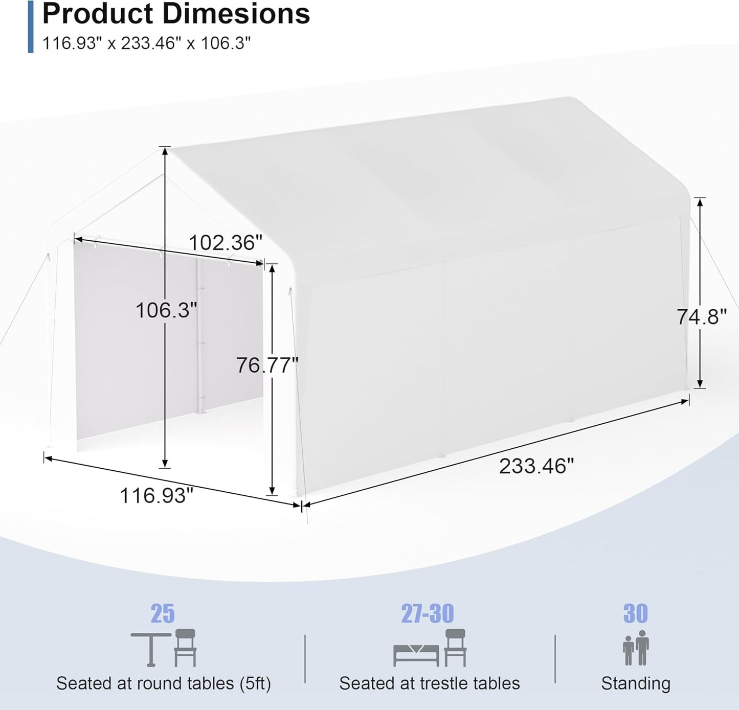 Carport, 10‘ x 20’ Heavy Duty Portable Garage All-Season Car Canopy w/Removable Sidewall & Doors, Carport Canopy Party Tent w/Water-Resistant Tarp for Backyard (White, 10‘ x 20’)