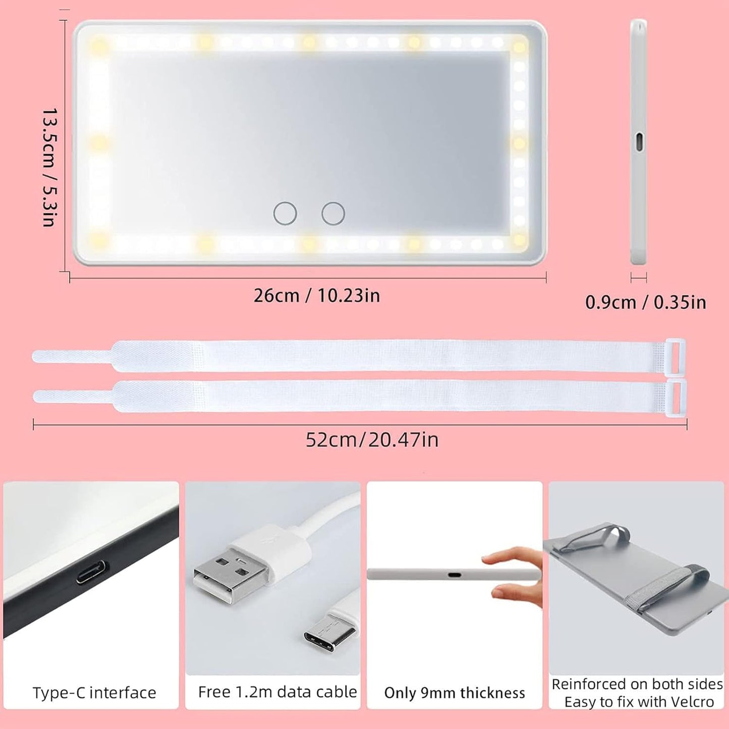 Car Visor Mirror with Rechargeable LED Light - 3 Light Modes & Dimmable Touch Screen - Clip on Big Sun Visor Vanity Mirror for Truck - Passenger Princess Car Accessories for Women Girl- White