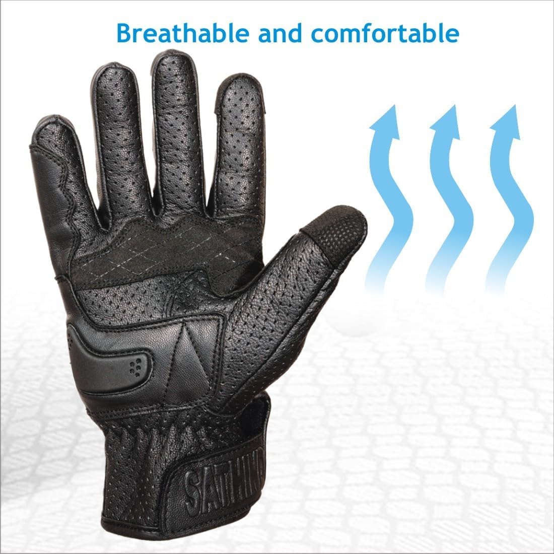 Leather Motorcycle Gloves for Men and Women | Touchscreen | Full Finger | Goatskin Leather Hard Knuckle Motorcycle Riding Gloves (Perforated, Small)