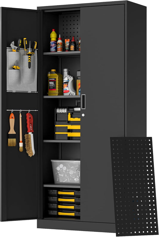 Washemba 71" Metal Garage Storage Cabinet, 2 Locked Doors and 5 Adjustable Shelves, can be Used for Storing Tools, consumables, Books, etc., for Office, Home, Garage, Gym, School (Black)