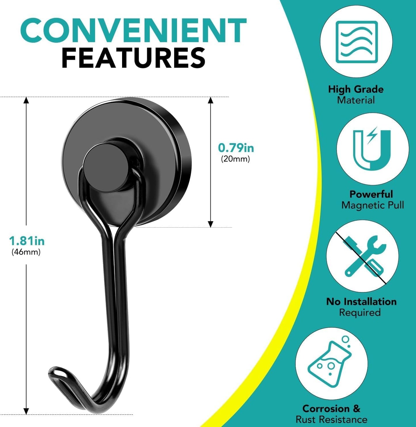 DIYMAG Black Magnetic Hooks, 110LBS Strong Magnetics Heavy Duty, Magnet Hook with Metal Hanger for Hanging Refrigerator Home Kitchen Office, 16Pack