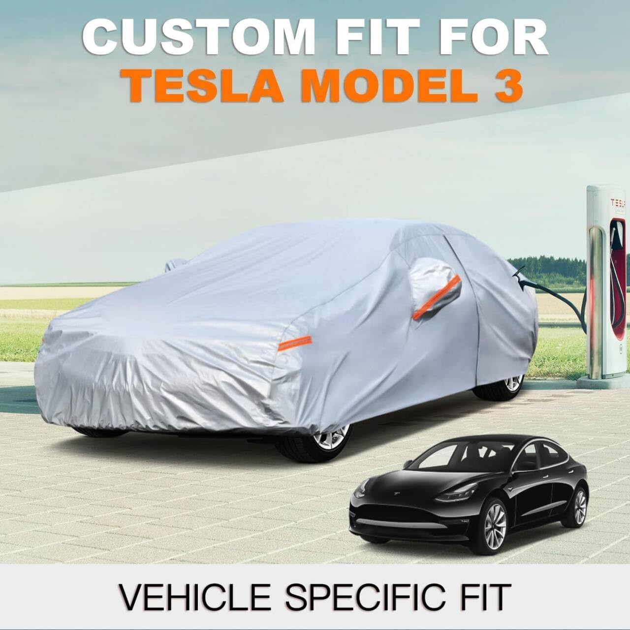 Kayme 6 Layers Car Cover Custom Fit for (2017-2023) Tesla Model 3 Waterproof All Weather for Automobiles,Outdoor Full Cover Rain Sun UV Protection