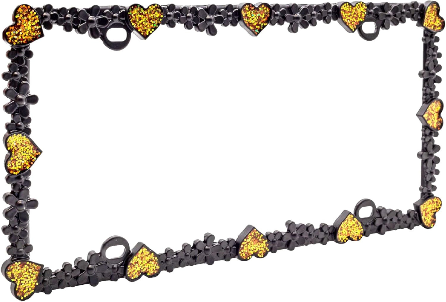 Creathome 3D Shining Daisy Heart License Plate Frame from Pure Zinc Alloy Metal Perfect Plate Holder, Matt Black with Gold Glitter, Luminously Heart