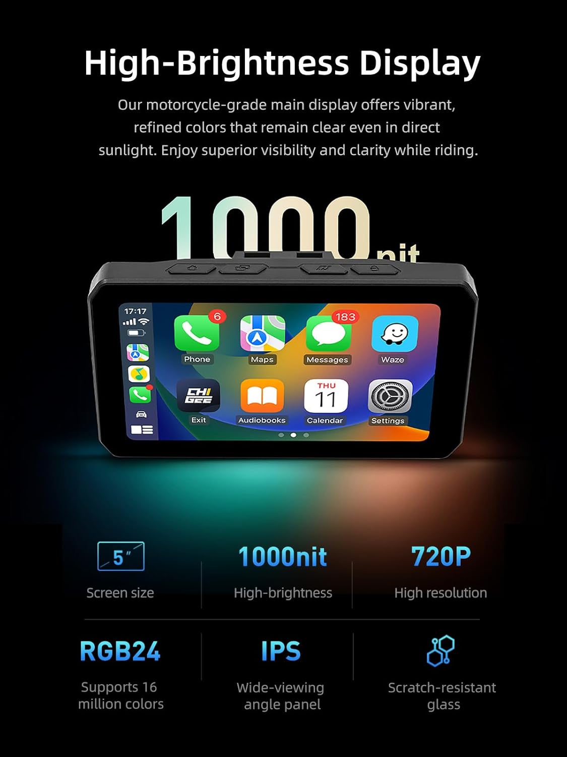 AIO-5 Play for BMW Motorcycles, 3-Pin Interface, Plug-and-Play Smart Display with CarPlay & Android Auto, 60FPS Mode, IP68 Waterproof, Built-in GPS, Anti-Theft Alarm, Data Reading