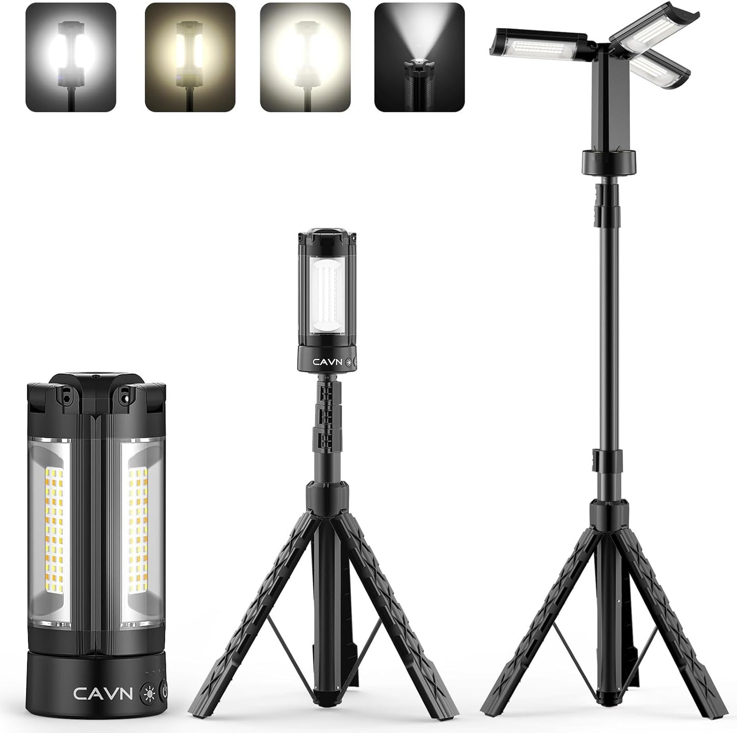 CAVN Rechargeable 10000mAh Camping Lights with Stand 6.5 ft Max Height, Portable Cordless LED Work Light 2200 Lumens 6500/4500/3500K Dimmable Camping Essentials Gear with Detachable Tripod, Black