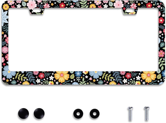 Personalise Colorful Floral Flowers License Plate Frame License Plate Frames Car Universal Stainless Steel Accessories Cars Decor with 2 Holes and Screws Fits Standard US Vehicles Size 12.2 x 6 Inches
