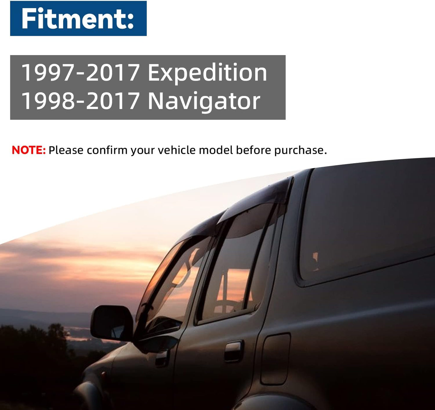 4pcs Front+Rear Smoke Sun/Rain Guard Outside Mount Tape-On Window Visors Compatible with 97-17 Expedition 98-17 Navigator