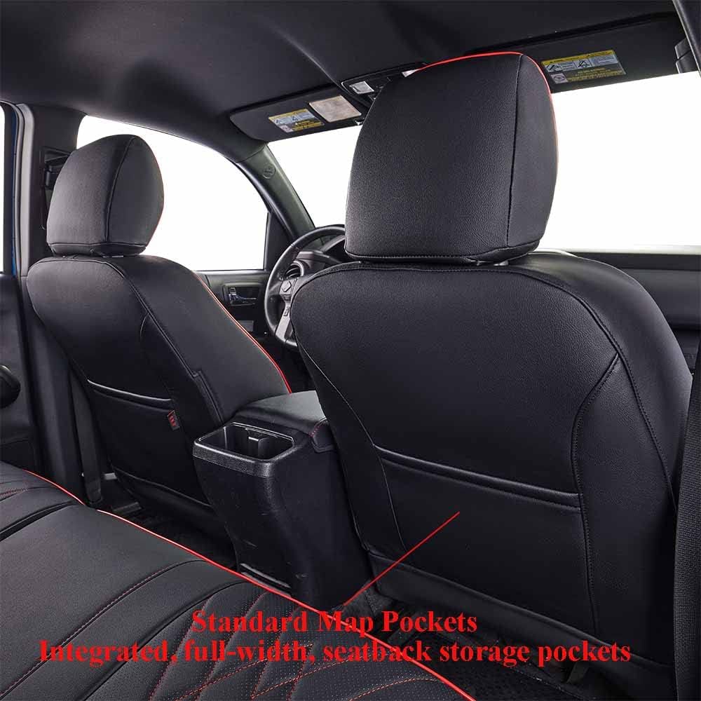 EKR Custom Fit Tacoma Front Car Seat Covers for Select Toyota Tacoma 2016 2017 2018 2019 2020 2021 2022 2023 Double Cab/Access Cab - Front Row Only, Leather (Black with Red Trim)
