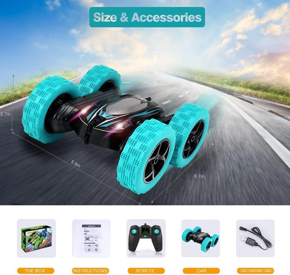 Remote Control Car: Double Sided 360°Rotating 4WD RC Cars 2.4GHz Electric Race Stunt Toy Car Rechargeable Toy Cars for 6 7 8 9 10 11 12 Year Old Boys Girls Kids Christmas Birthday Gifts Cyan