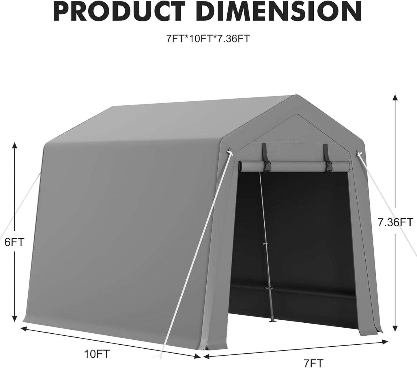 7 x 10 ft Carport Storage Shed, Portable Garage with Roll-up Zipper Door, Heavy Duty Waterproof Tarp, Storage for Motorcycle, Bike, Firewood, Garden Tools