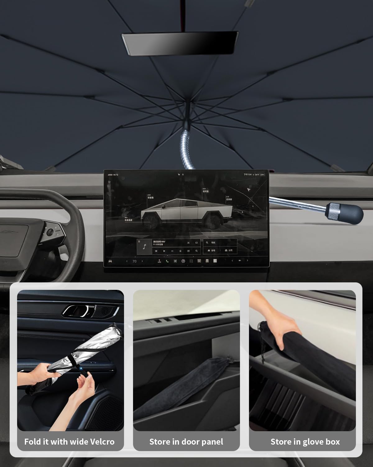 helloleiboo [2025 Upgrade] Car Windshield Sun Shade for Tesla Cybertruck-Foldable Windshield Sun Shade 64 * 58-Reflects UV Automotive Interior Sun Protection Easy to Use/Store