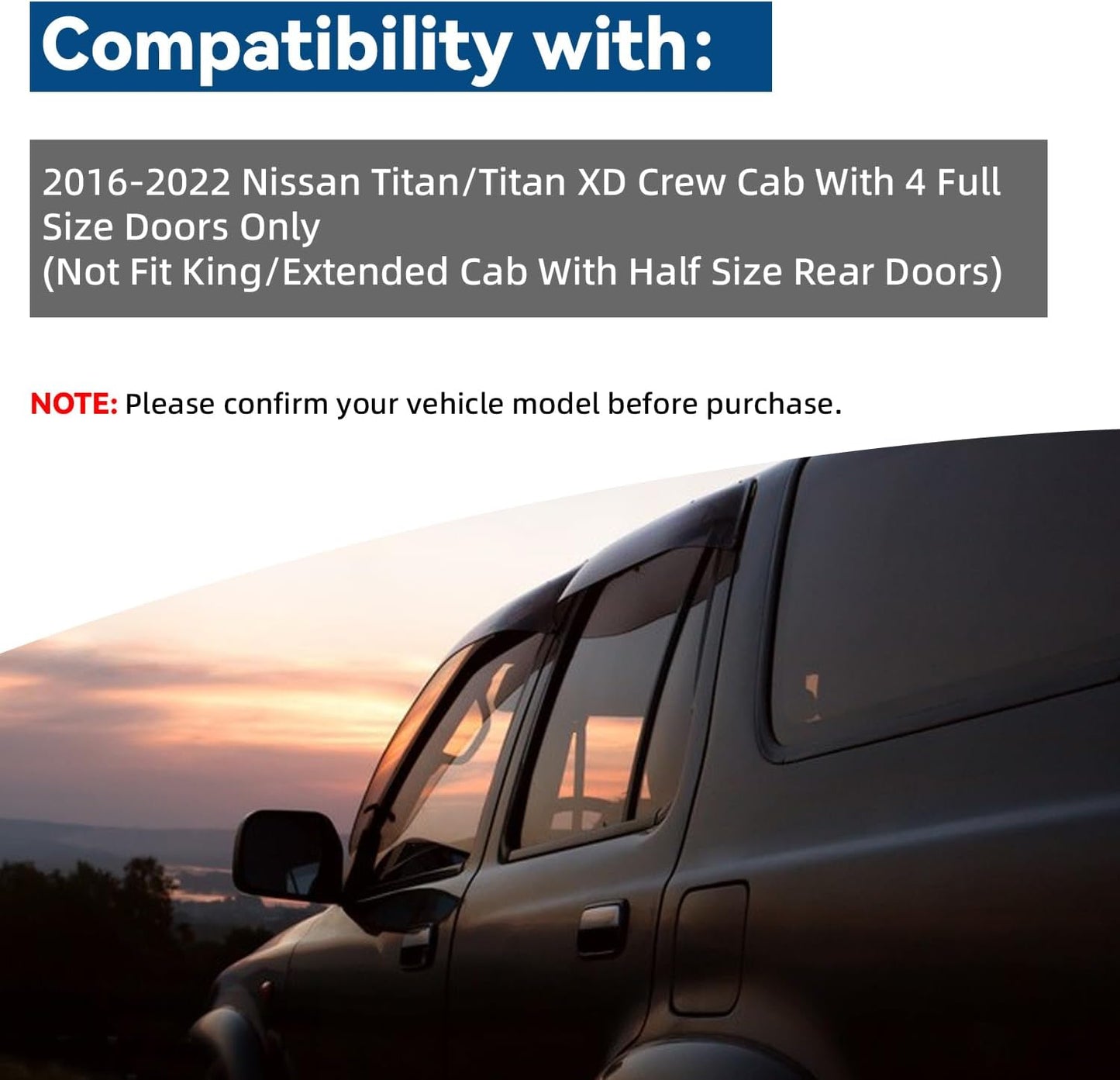 4pcs Front+Rear Smoke Tint Sun/Rain Guard Outside Mount Tape-On Vent Window Visors Compatible with 16-22 Titan/Titan XD Crew Cab with 4 Full Size Doors