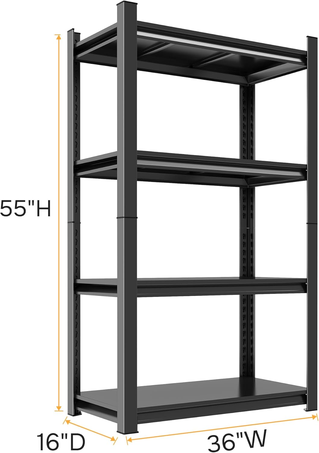 55" H Garage Shelving 2400LBS Capacity Heavy Duty Storage Shelves, Adjustable 4 Tier Metal Rack for Kitchen, Utility Room, Warehouse and Basement,16" Dx36 Wx55 H, Black