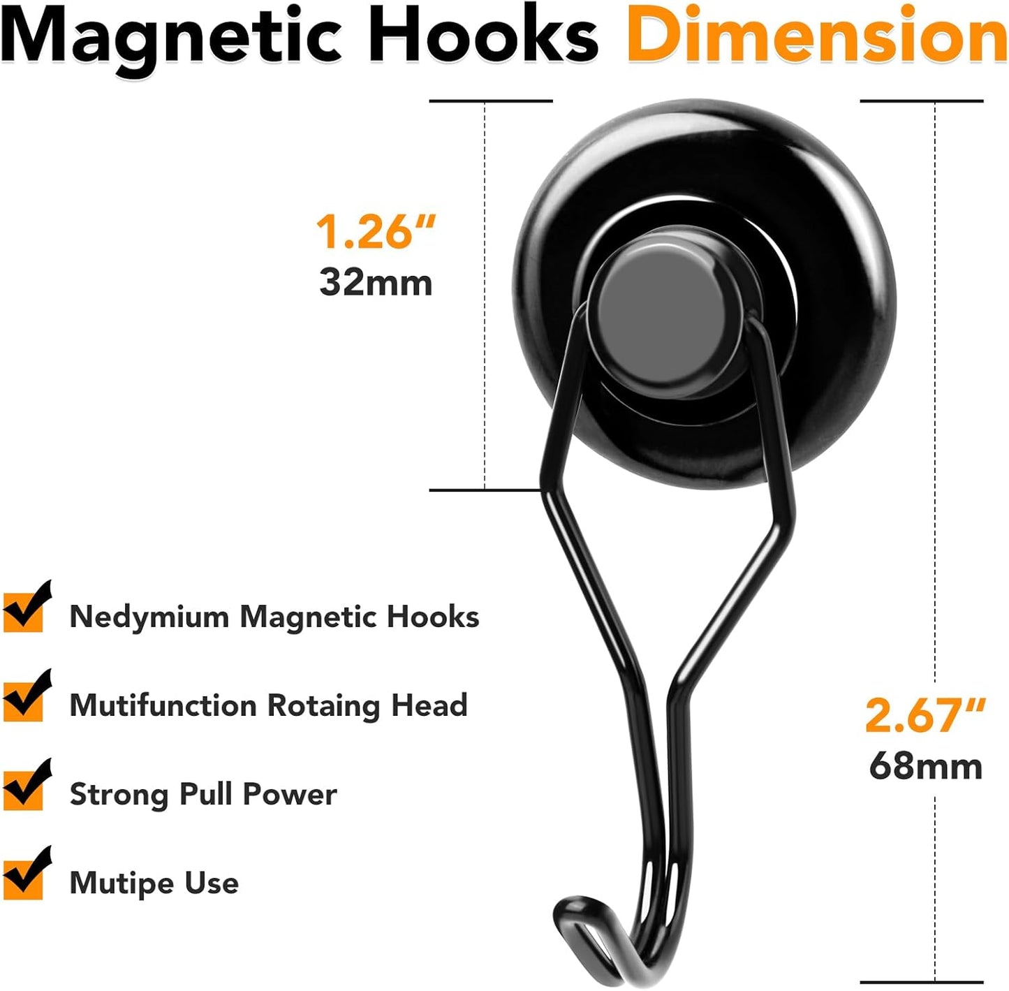 MIKEDE 110 LBS Black Magnetic Hooks, 6 Pack Swivel Swing Magnet Hooks Heavy Duty, Strong Neodymium Magnets Hanger for Hanging, Grill, Cruise Cabins - 32mm(1.26in) in Diameter