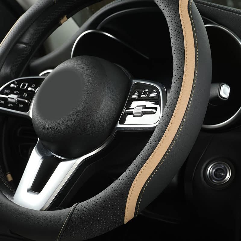 Car Steering Wheel Cover, Leather Steering Wheel Cover Beige Universal 14.5-15 Inch Microfiber Leather Anti-Slip Breathable Auto Steering Wheel Covers for Men Women (Black&Beige)