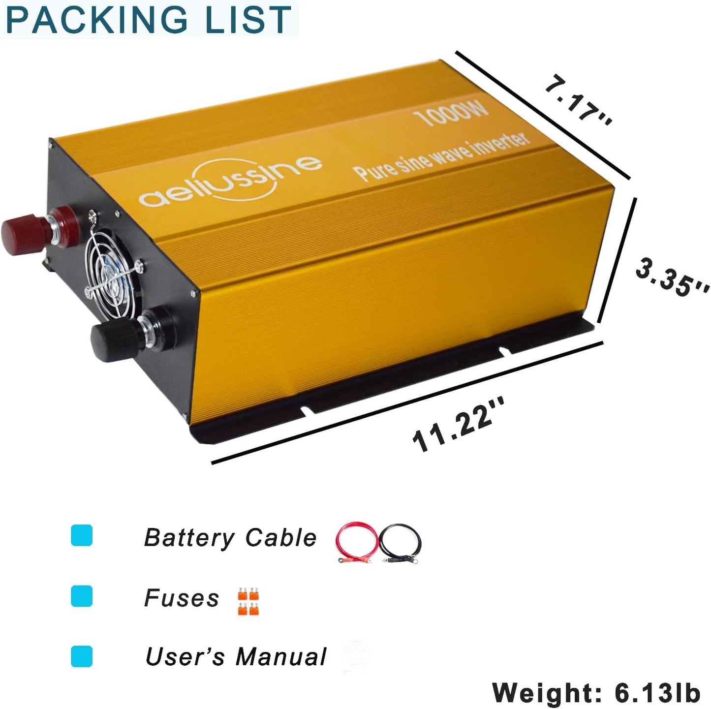 1000W Pure Sine Wave Inverter-36V DC to 110V 120V AC Power Converter with 2 AC Outlets, 36 Volt Power Inverter for Truck, Rv, Camping, Home, Emergency Power