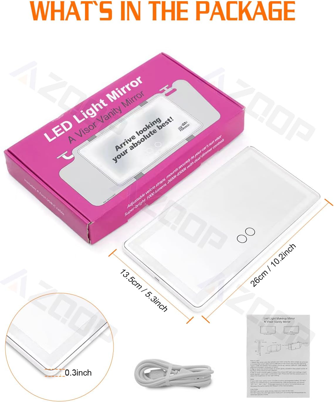 2 Pcs Car Sun Visor Vanity Mirror, Upgraded Car's Mirrors with Lights, Makeup Mirror with 3 Light Modes, Dimmable Touch Screen, Rectangular White, Universal for Car SUV Truck