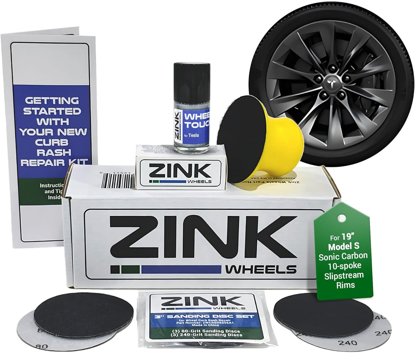 Premium Tesla Wheel Curb Rash Repair Kit for Model S 19-inch Sonic Carbon Slipstream Rims - DIY Kit with Color-matched Touch Up Paint - Made in USA