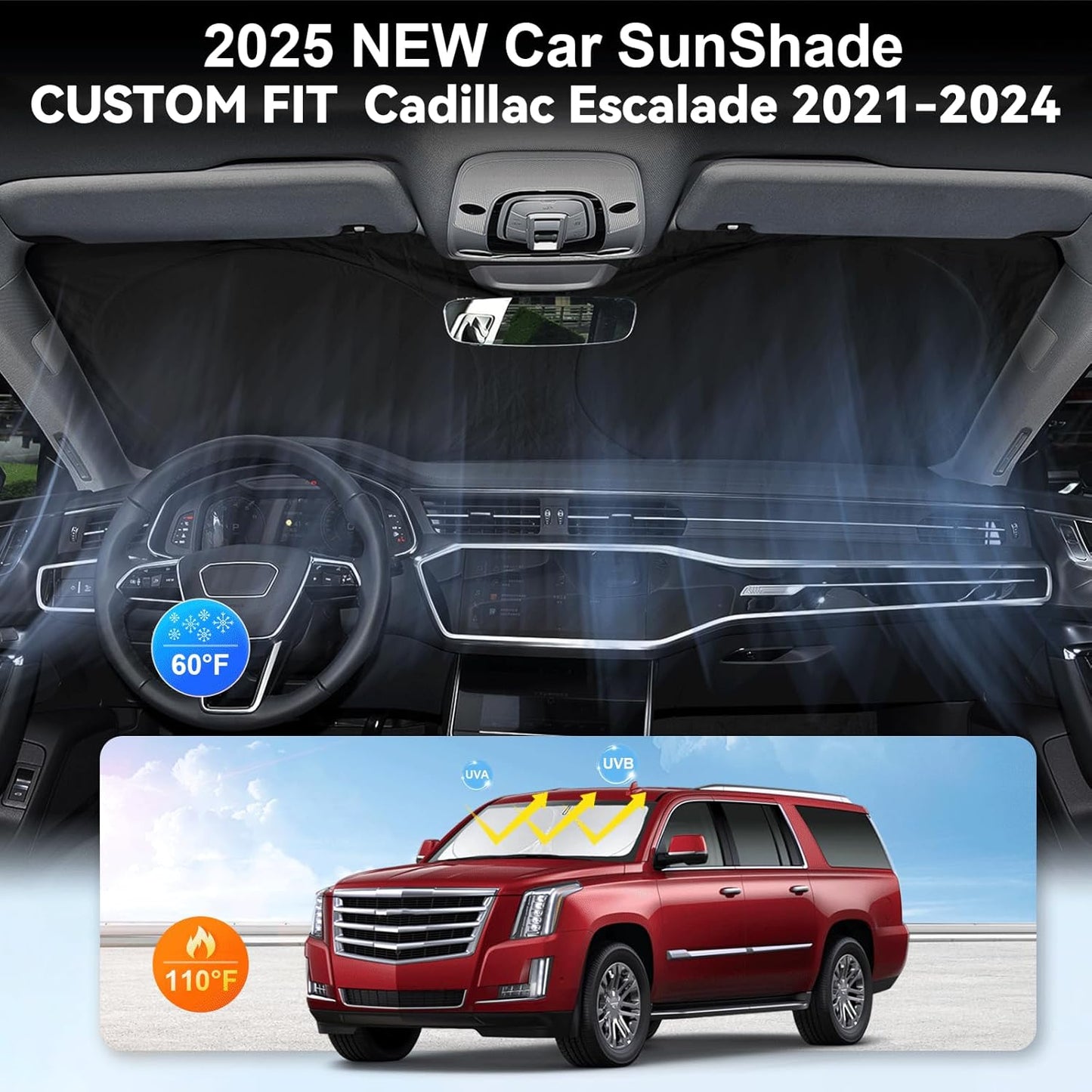 Custom Fit Escalade Windshield Sunshade for Cadillac Escalade Accessories 2021-2023 2024 2025 2026 Front Window Shades Cover for Windshield Sun Visor Screen Protector 210T Reflective Blocks UV Rays