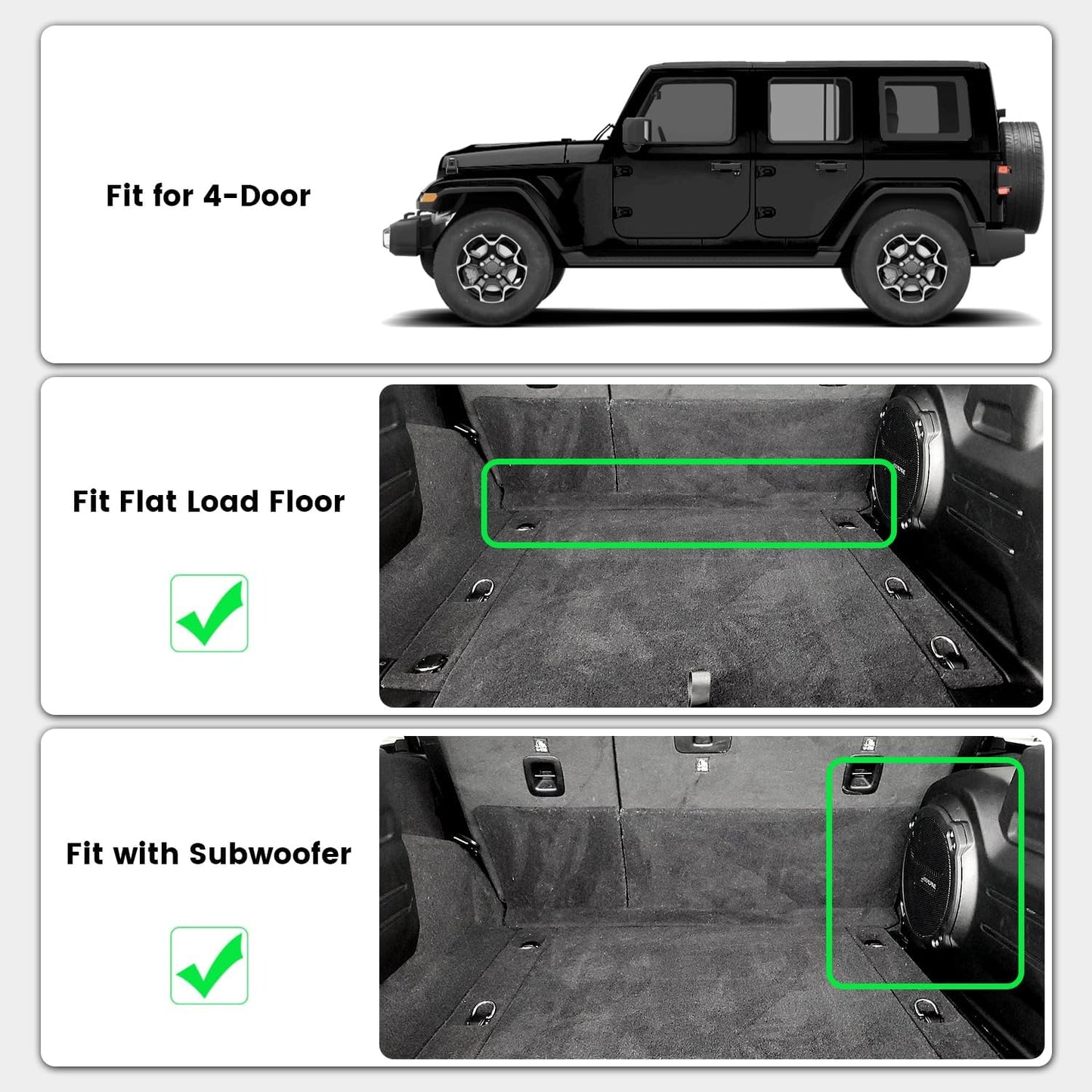 LASFIT Trunk Mat for Jeep Wrangler JL 2018-2025 4 Door Gas Type with Subwoofer and Flat Load Floor (Not for JK/Not PHEV/Not 2-Door) All Weather TPE Custom Fit Cargo Mat, Black